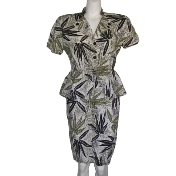 Vintage Dress, XS, Leaf Print, Peplum, Cotton, Off-white/Green, Buttoned top - Picture 13 of 13